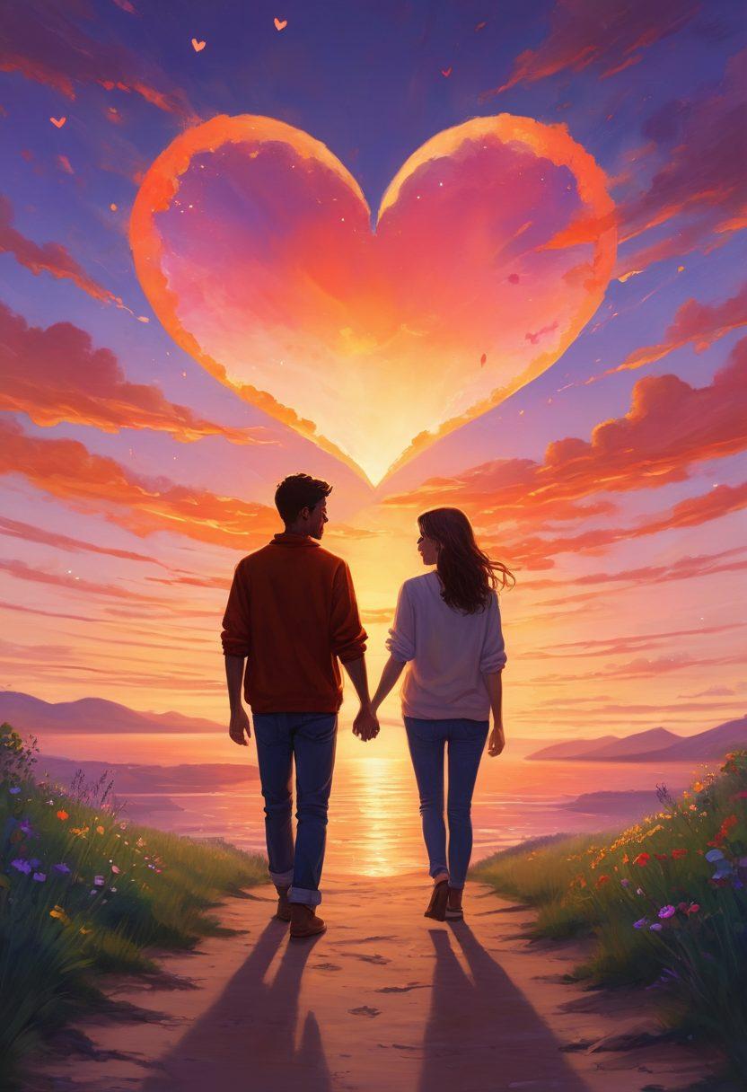 A heartfelt scene depicting two friends gradually turning into soulmates, with glowing hearts above their heads. The background features a beautiful sunset, symbolizing growth and warmth, while subtle paths intertwine beneath their feet, representing their journey together. Vivid colors enhance the emotional depth of the moment. painterly style. vibrant colors. romantic atmosphere.