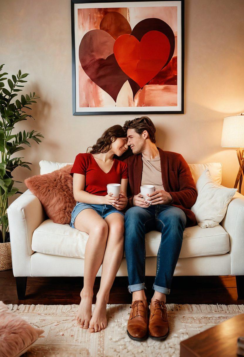 A warm and inviting scene of a couple sitting closely on a cozy sofa, surrounded by soft lighting and plush cushions, sharing a heartfelt conversation. The background features artworks representing love and trust, such as intertwined hands and symbolic hearts. The atmosphere conveys connection and intimacy, with a soft color palette of warm reds and gentle browns. super-realistic. vibrant colors. soft focus.
