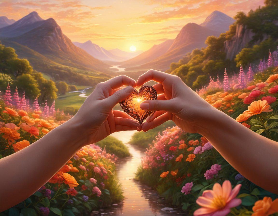 A pair of intertwined hearts glowing softly amidst a serene backdrop of lush landscapes and blooming flowers, symbolizing deep connections. Gentle hands reaching towards each other, radiating warmth and affection, with vibrant colors that evoke emotion. The scene is bathed in the warm light of sunset, illustrating hope and intimacy. super-realistic. vibrant colors. dreamy atmosphere.